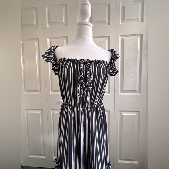 Fashion Nova Black and White Striped off shoulder Dress - Picture 6 of 7